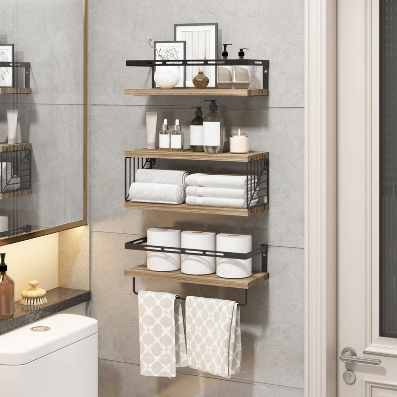 Fixwal 3+1 Tier Wall-Mounted Shelves with Metal Frame and Towel Rustic Brown