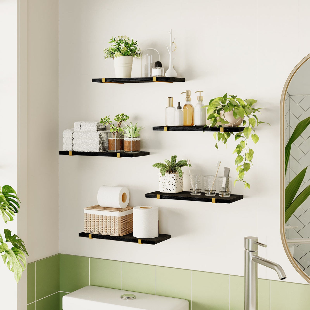 SUPERLELE Floating Shelves Set of 5, Width 4.7 Inches, Rustic Wood Wall Storage Shelves