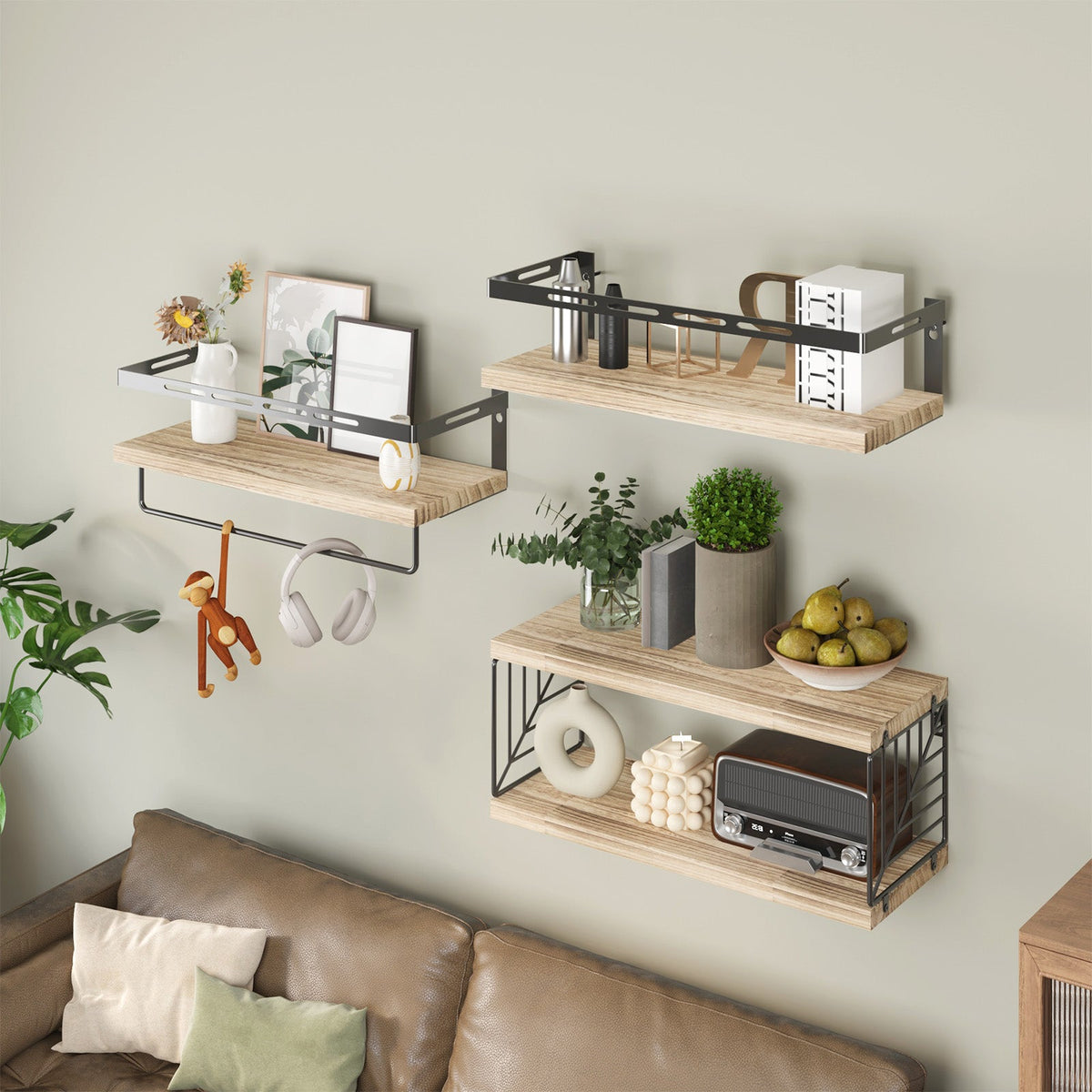 Fixwal 3+1 Tier Wall-Mounted Shelves with Metal Frame and Towel Rustic Brown
