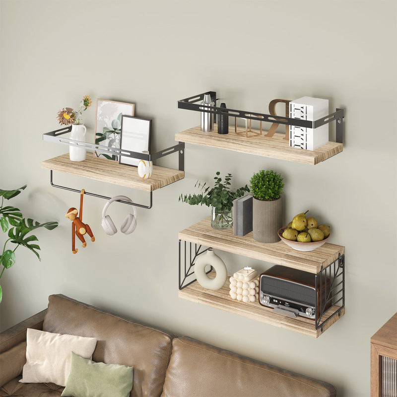 Fixwal 3+1 Tier Wall-Mounted Shelves with Metal Frame and Towel Rustic Brown