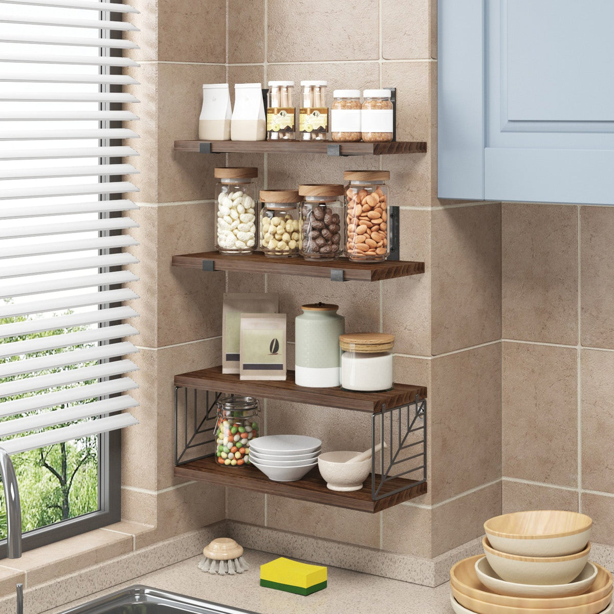 SUPERLELE 3+1 Tier Floating Shelves, 15.8in Farmhouse Rustic Wood Shelves
