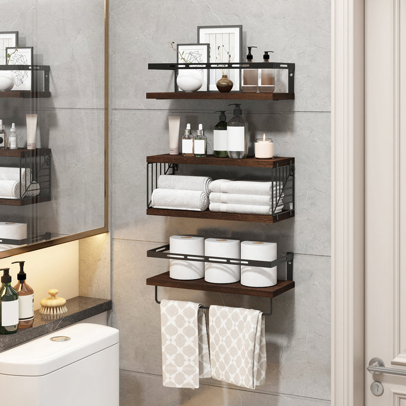 Fixwal 3+1 Tier Wall-Mounted Shelves with Metal Frame and Towel Dark Brown