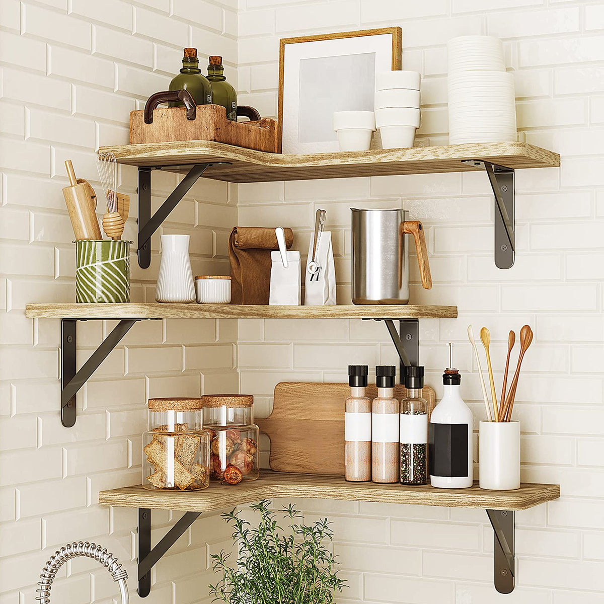 Fixwal 5-Pieces Floating Shelves for Wall, Rustic Wood Wall Mounted Corner Shelf Carbonized Black