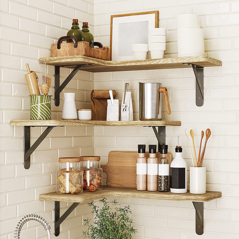 Fixwal 5-Pieces Floating Shelves for Wall, Rustic Wood Wall Mounted Corner Shelf Carbonized Black