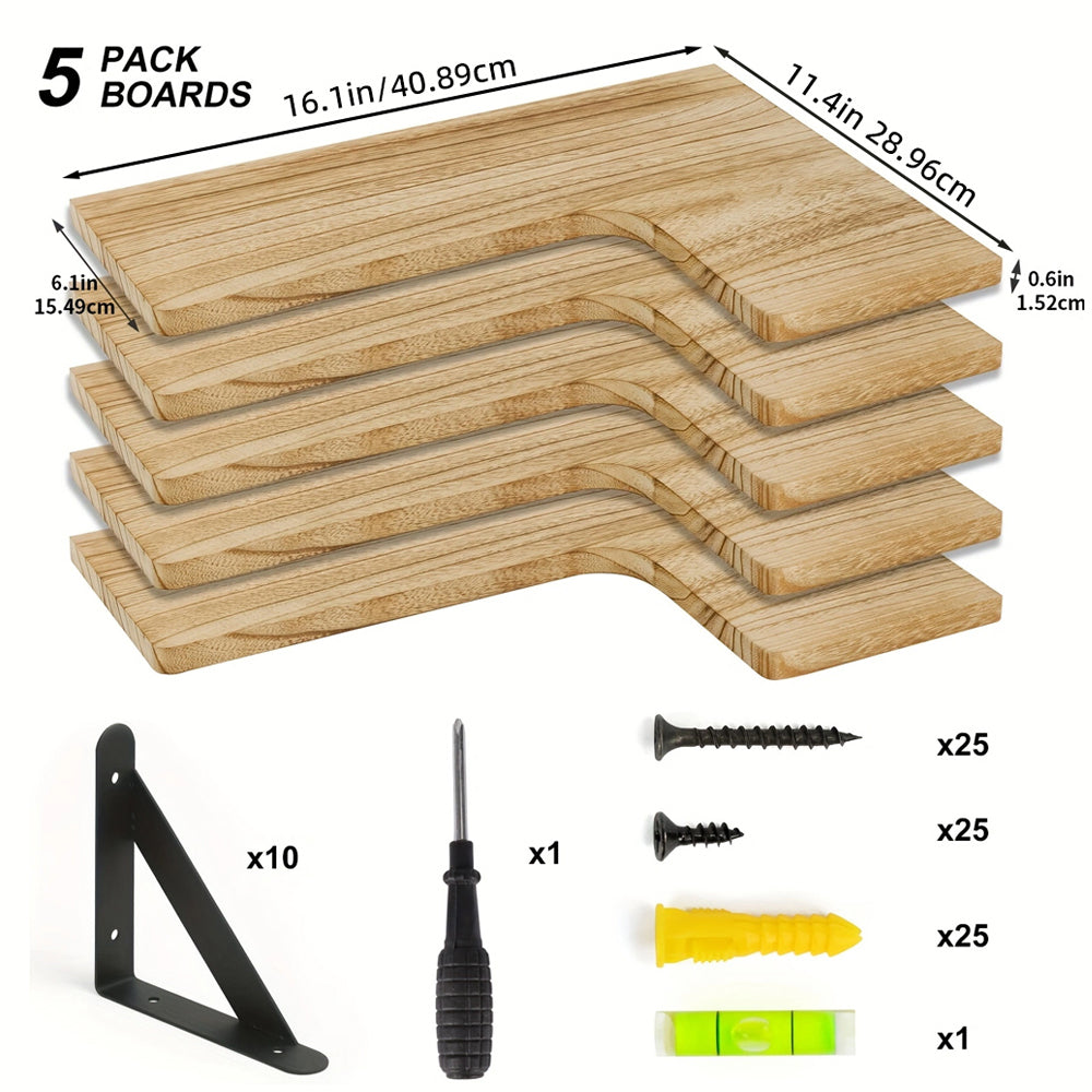 Fixwal 5-Pieces Floating Shelves for Wall, Rustic Wood Wall Mounted Corner Shelf Carbonized Black
