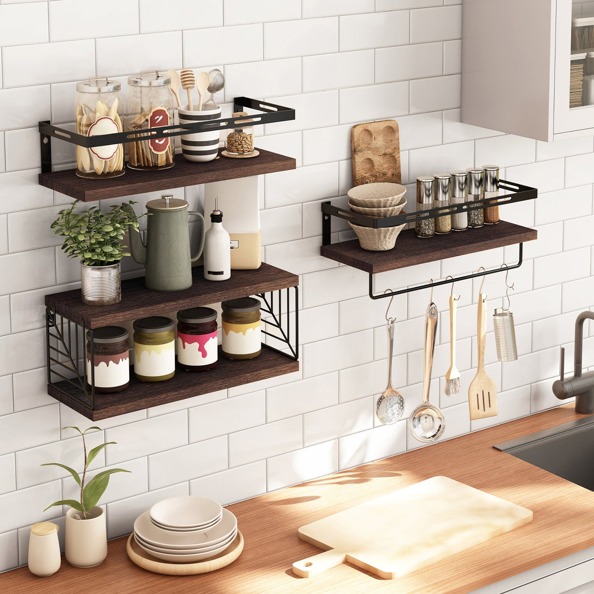Fixwal 3+1 Tier Wall-Mounted Shelves with Metal Frame and Towel Dark Brown