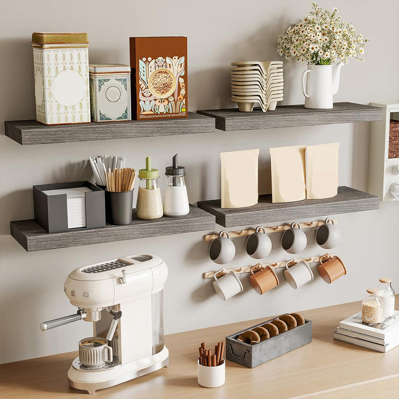Fixwal 4-Pieces Floating Shelves for Wall, Wall Mounted Rustic Wood Shelves Grey