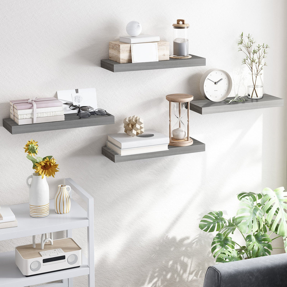 Fixwal 4-Pieces Floating Shelves for Wall, Wall Mounted Rustic Wood Shelves Grey