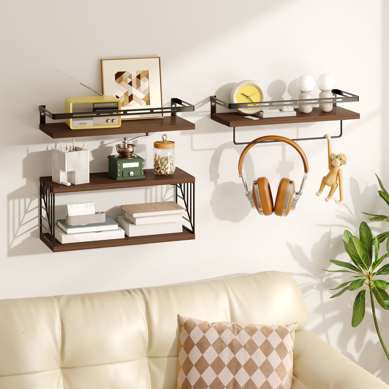 Fixwal 3+1 Tier Wall-Mounted Shelves with Metal Frame and Towel Dark Brown