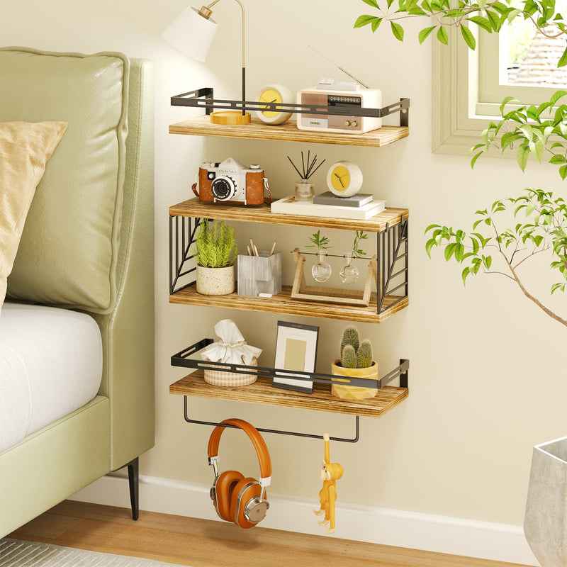 Fixwal 3+1 Tier Wall-Mounted Shelves with Metal Frame and Towel Rustic Brown