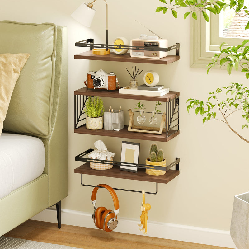 Fixwal 3+1 Tier Wall-Mounted Shelves with Metal Frame and Towel Dark Brown