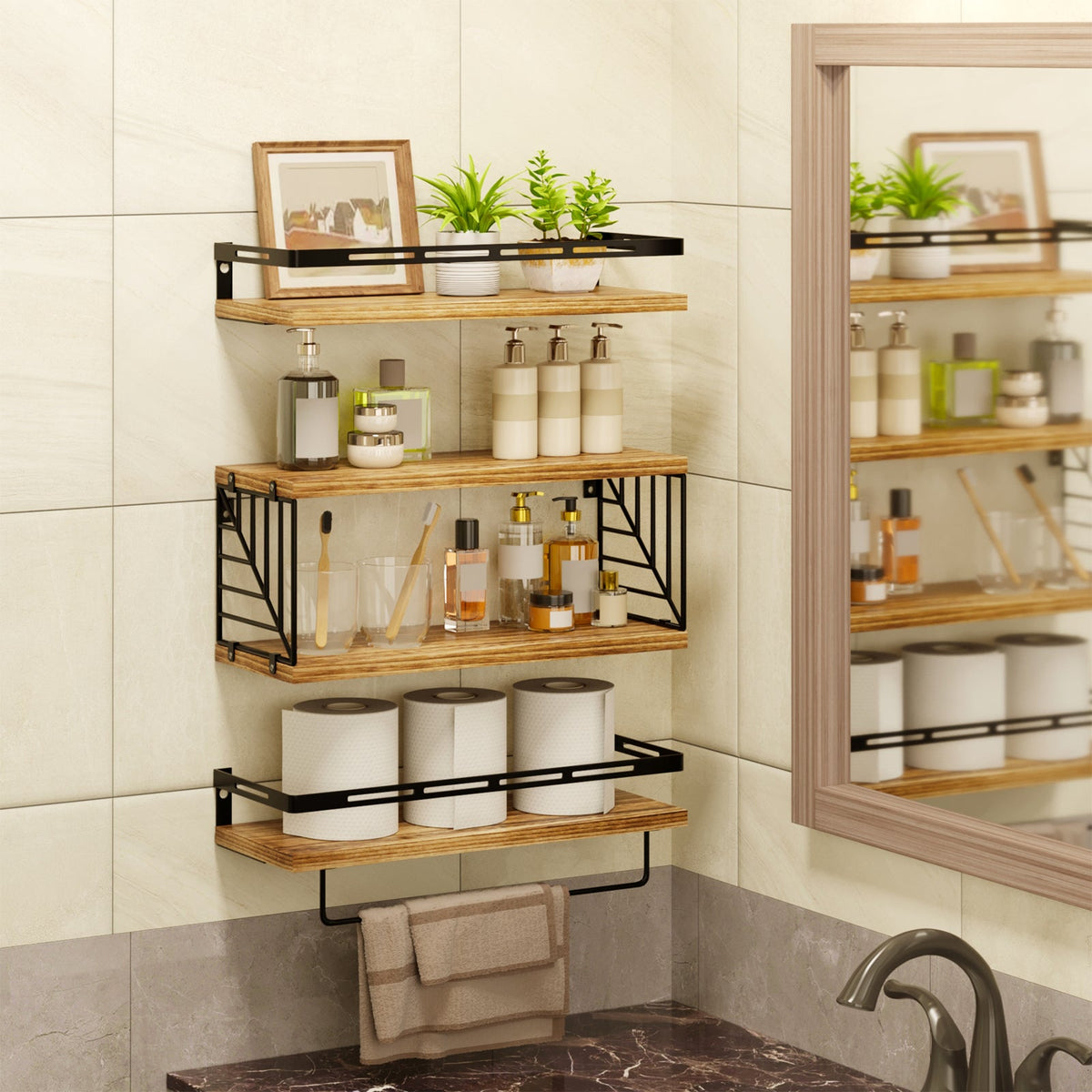 Fixwal 3+1 Tier Wall-Mounted Shelves with Metal Frame and Towel Rustic Brown