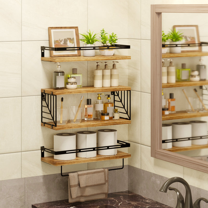 Fixwal 3+1 Tier Wall-Mounted Shelves with Metal Frame and Towel Rustic Brown
