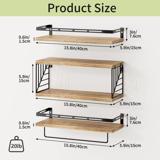 Fixwal 3+1 Tier Wall-Mounted Shelves with Metal Frame and Towel Rustic Brown
