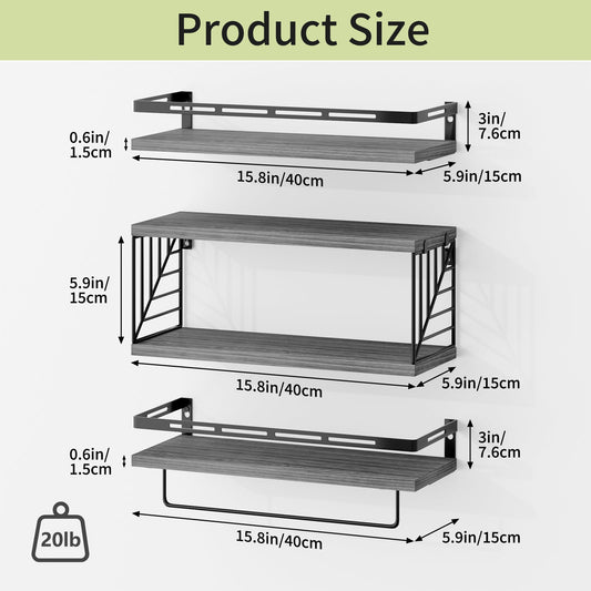 Fixwal 3+1 Tier Wall-Mounted Shelves with Metal Frame and Towel Bar Gray
