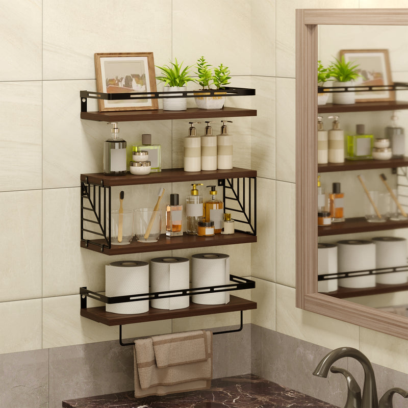 Fixwal 3+1 Tier Wall-Mounted Shelves with Metal Frame and Towel Dark Brown
