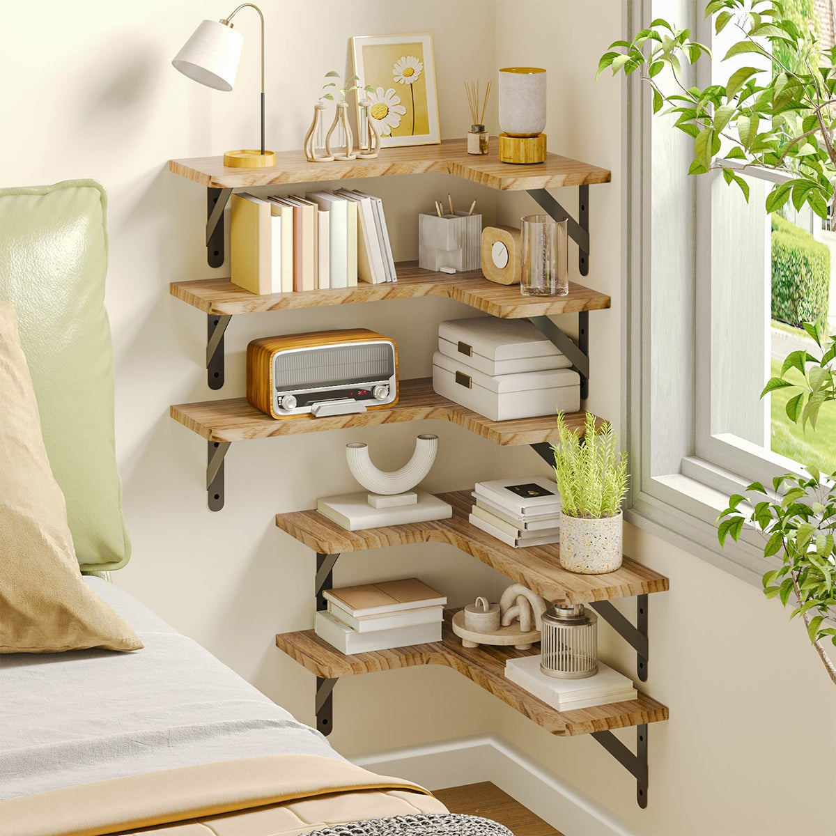 Fixwal 5-Pieces Floating Shelves for Wall, Rustic Wood Wall Mounted Corner Shelf Carbonized Black