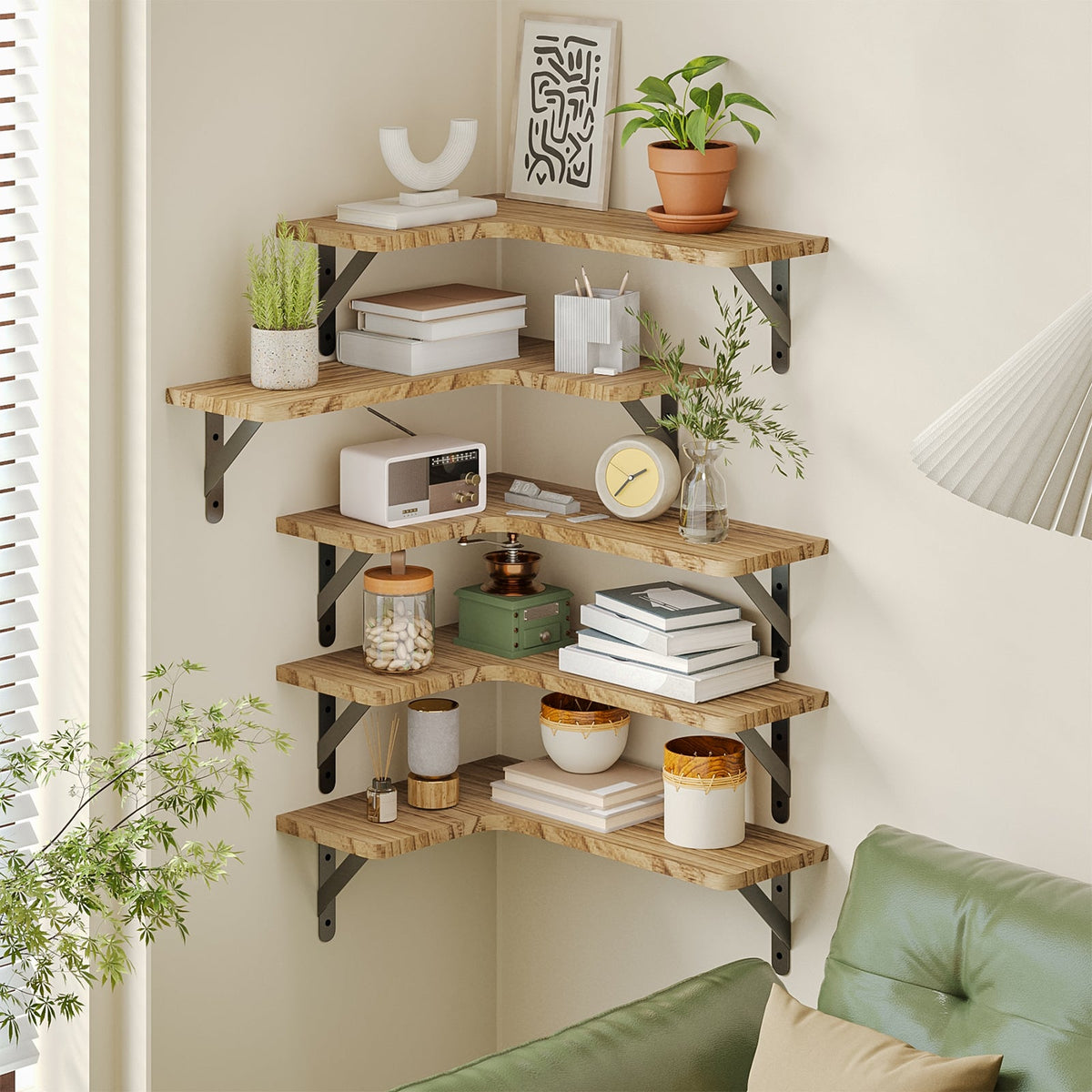 Fixwal 5-Pieces Floating Shelves for Wall, Rustic Wood Wall Mounted Corner Shelf Carbonized Black