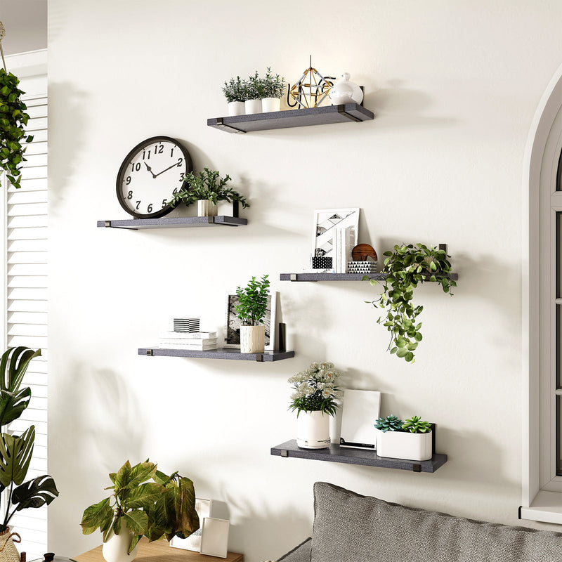 SUPERLELE Floating Shelves Set of 5, Width 4.7 Inches, Rustic Wood Wall Storage Shelves