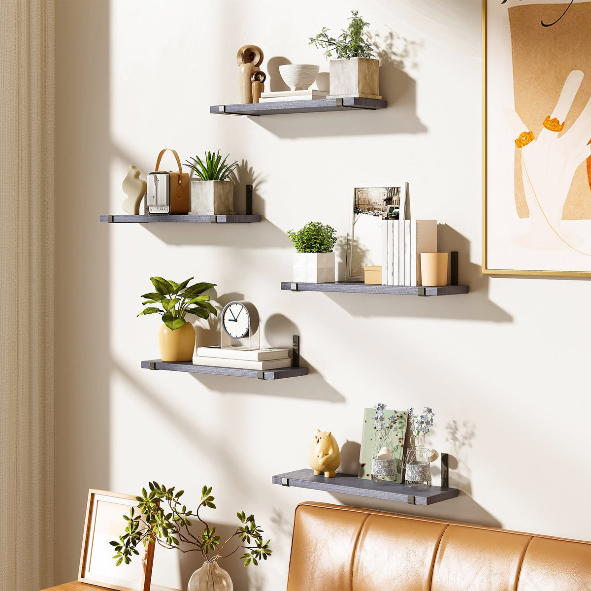 SUPERLELE Floating Shelves Set of 5, Width 4.7 Inches, Rustic Wood Wall Storage Shelves