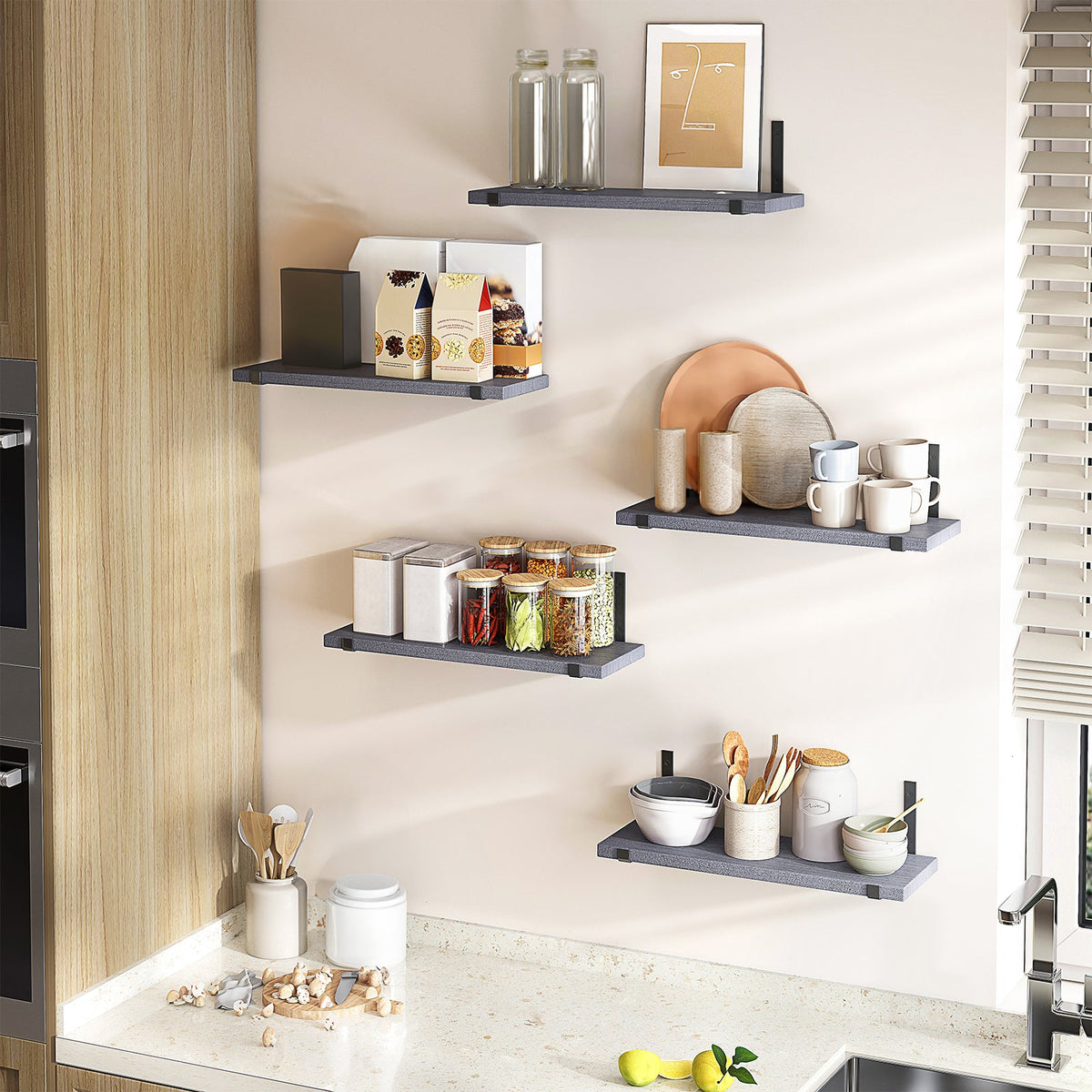 SUPERLELE Floating Shelves Set of 5, Width 4.7 Inches, Rustic Wood Wall Storage Shelves