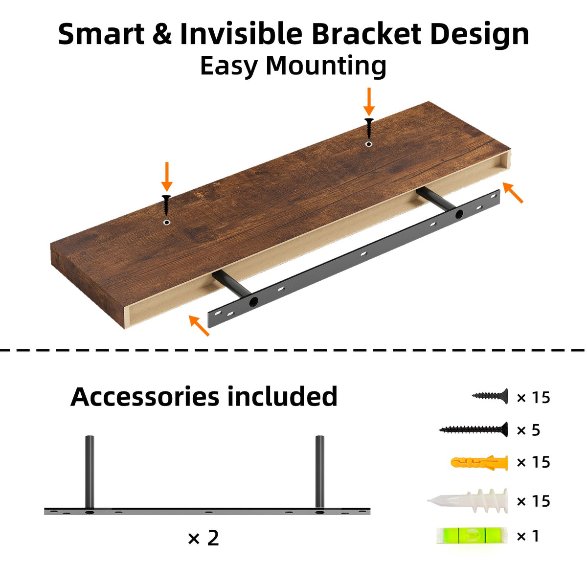 Fixwal 2 Pcs 22.5 inch Rustic Wood Wall Mounted Shelves Rustic Brown