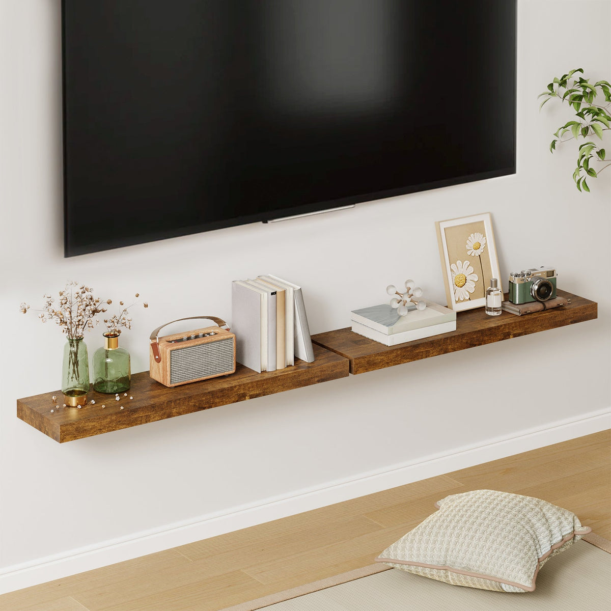 Fixwal 2 Pcs 22.5 inch Rustic Wood Wall Mounted Shelves Rustic Brown
