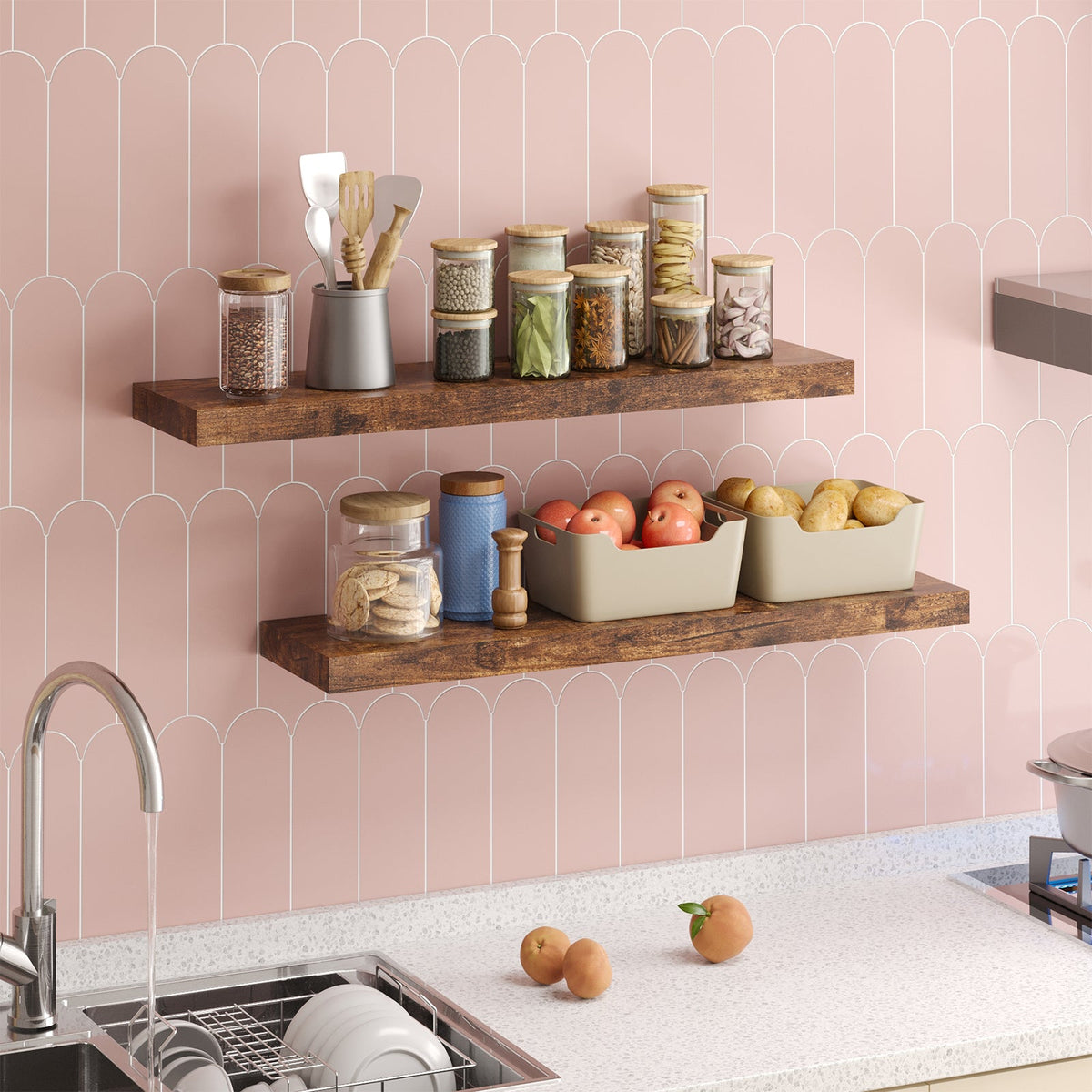 Fixwal 2 Pcs 22.5 inch Rustic Wood Wall Mounted Shelves Rustic Brown