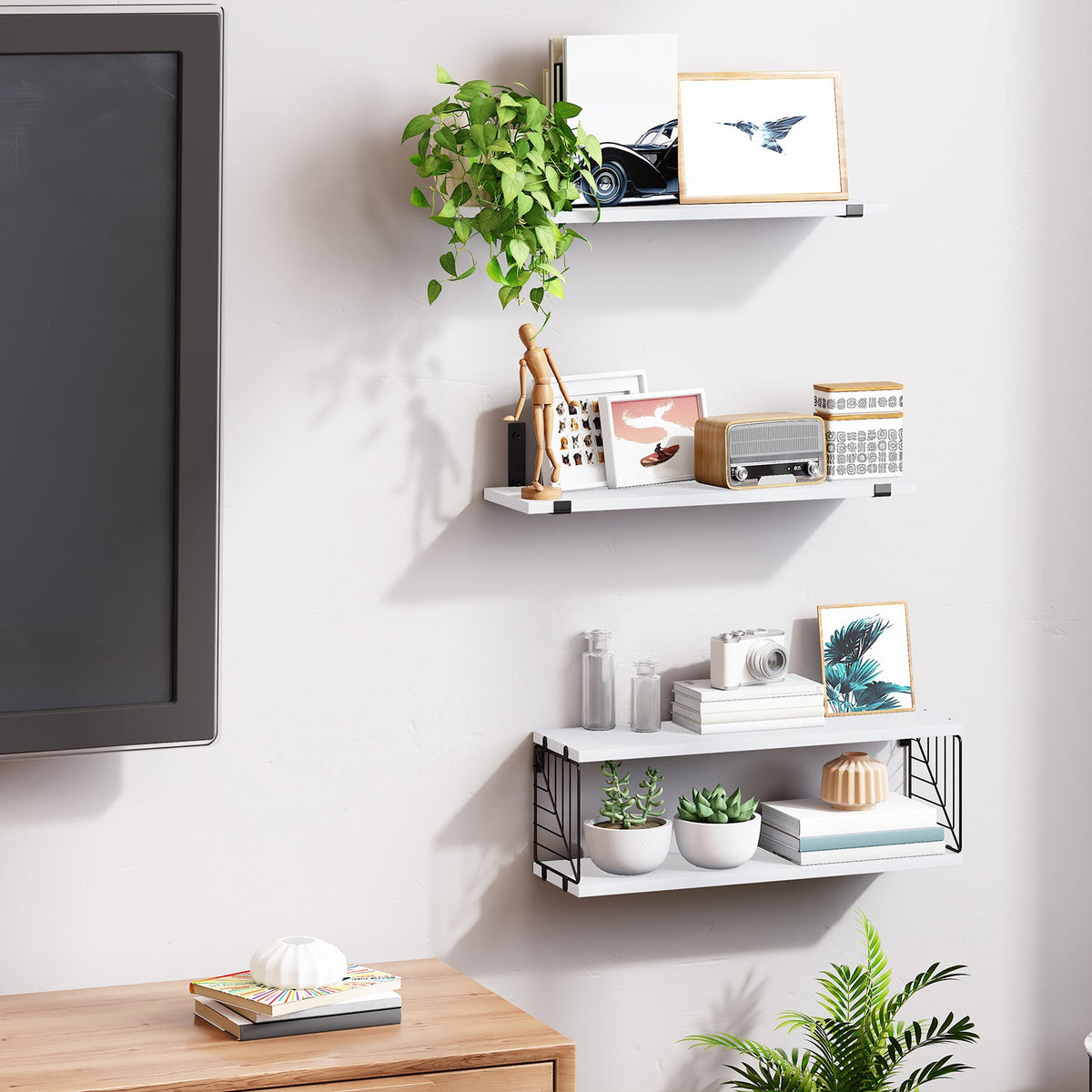 SUPERLELE 3+1 Tier Floating Shelves, 15.8in Farmhouse Rustic Wood Shelves