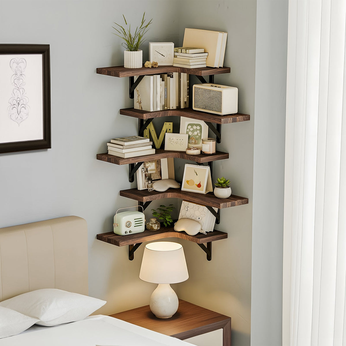 Fixwal 5-Pieces Floating Shelves for Wall, Rustic Wood Wall Mounted Corner Shelf Walnut Brown