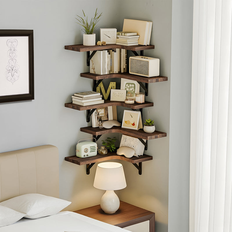Fixwal 5-Pieces Floating Shelves for Wall, Rustic Wood Wall Mounted Corner Shelf Walnut Brown