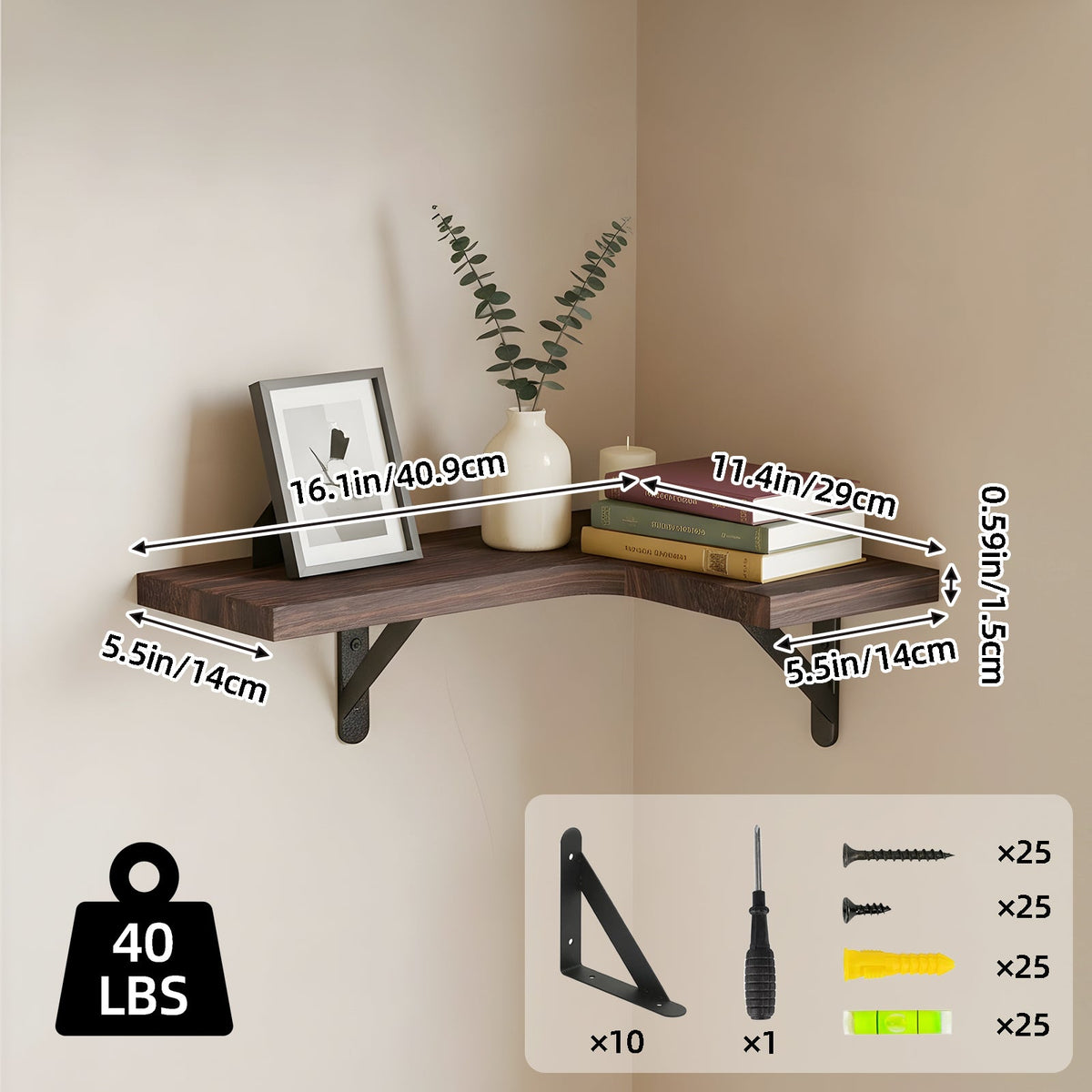 Fixwal 5-Pieces Floating Shelves for Wall, Rustic Wood Wall Mounted Corner Shelf Walnut Brown