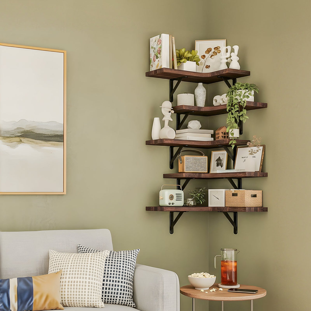 Fixwal 5-Pieces Floating Shelves for Wall, Rustic Wood Wall Mounted Corner Shelf Walnut Brown