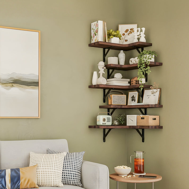 Fixwal 5-Pieces Floating Shelves for Wall, Rustic Wood Wall Mounted Corner Shelf Walnut Brown