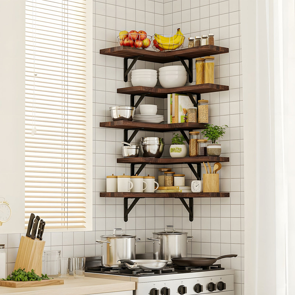 Fixwal 5-Pieces Floating Shelves for Wall, Rustic Wood Wall Mounted Corner Shelf Walnut Brown