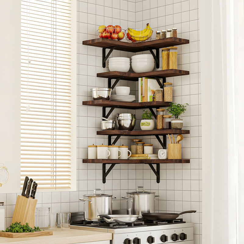 Fixwal 5-Pieces Floating Shelves for Wall, Rustic Wood Wall Mounted Corner Shelf Walnut Brown