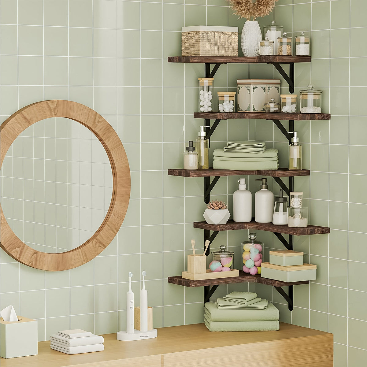Fixwal 5-Pieces Floating Shelves for Wall, Rustic Wood Wall Mounted Corner Shelf Walnut Brown