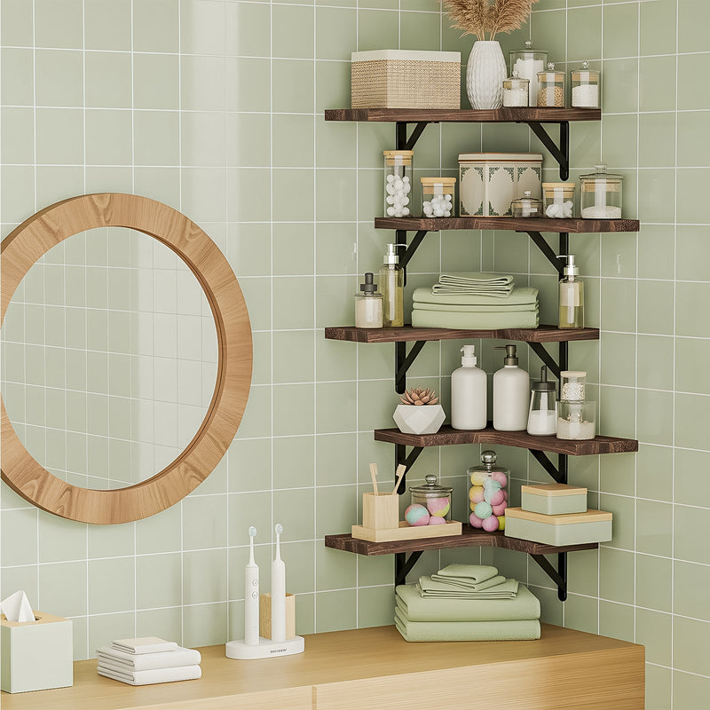 Fixwal 5-Pieces Floating Shelves for Wall, Rustic Wood Wall Mounted Corner Shelf Walnut Brown