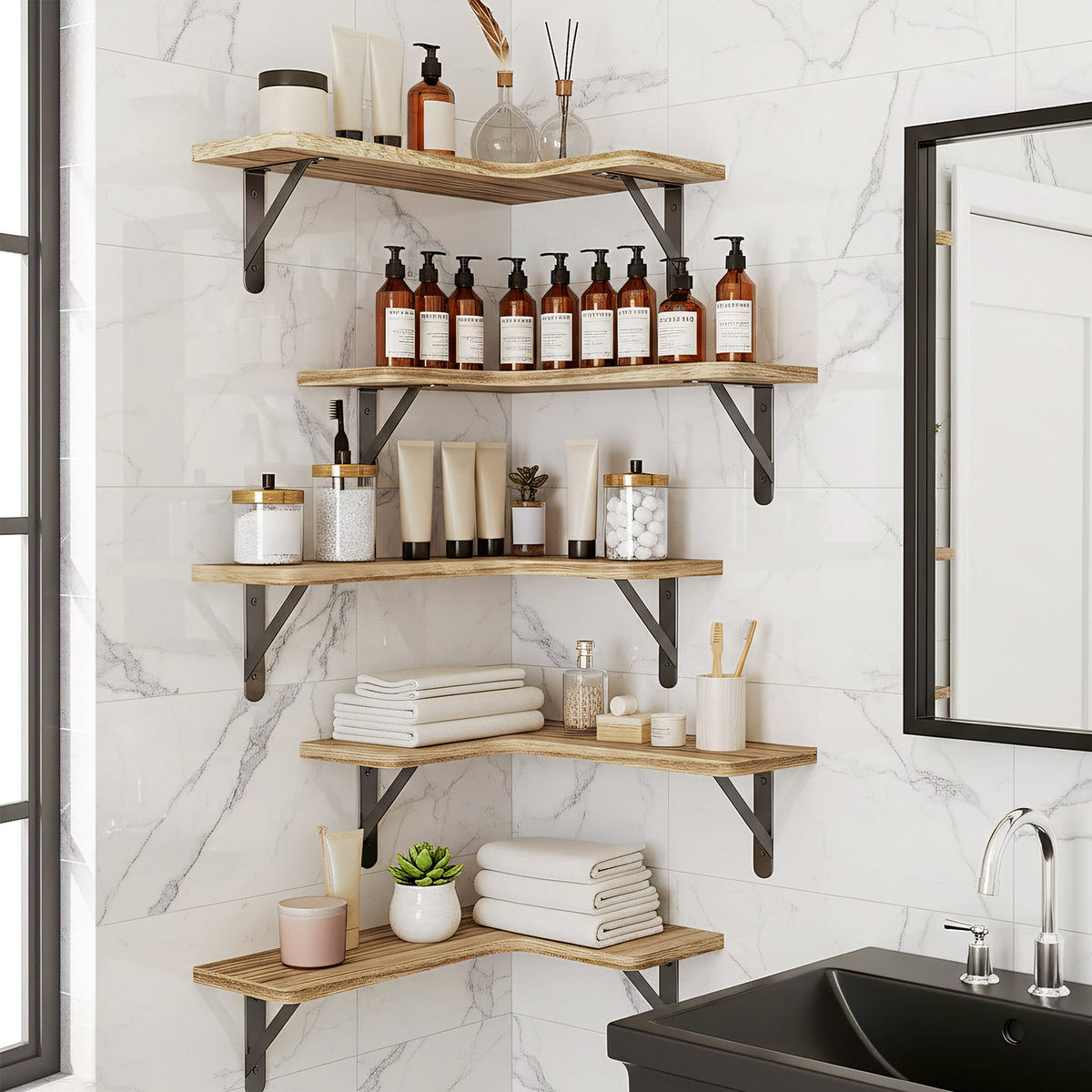 Fixwal 5-Pieces Floating Shelves for Wall, Rustic Wood Wall Mounted Corner Shelf Carbonized Black