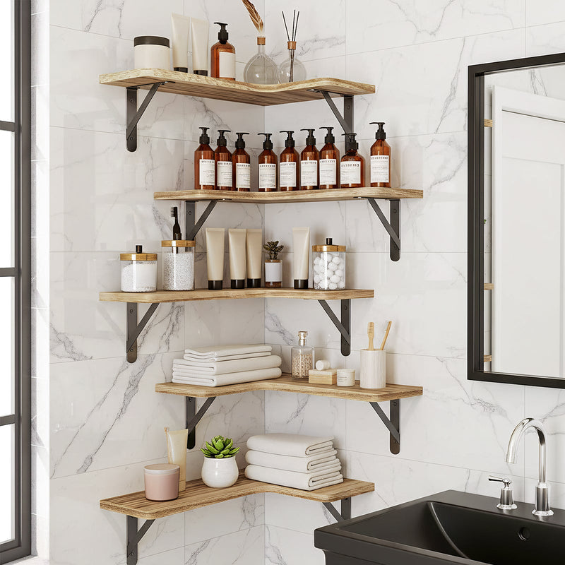 Fixwal 5-Pieces Floating Shelves for Wall, Rustic Wood Wall Mounted Corner Shelf Carbonized Black