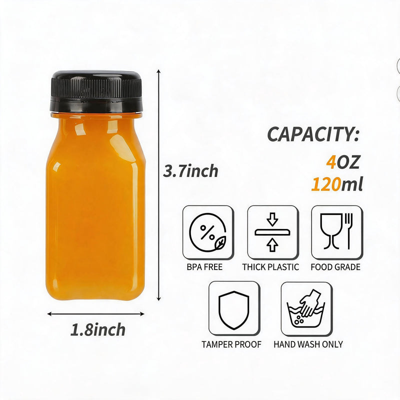 Plastic Juice Bottles with Caps – Clear PET Bottles, 4 oz, 8 oz, 12 oz & 16 oz