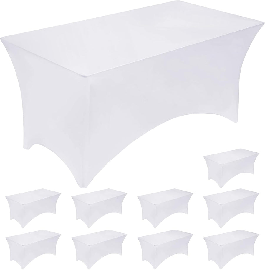 10 Pack 8Ft White Table Cover, Spandex Fitted Tablecloths Rectangle, Wrinkle-Free and Stretch Folding Table Cloth for Banquet, Wedding, Party, Trade Show