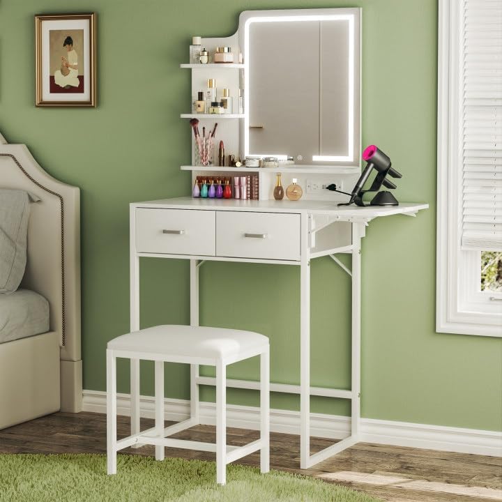 Fixwal  Makeup Vanity Desk with Lighted Mirror & Foldable Side Panel