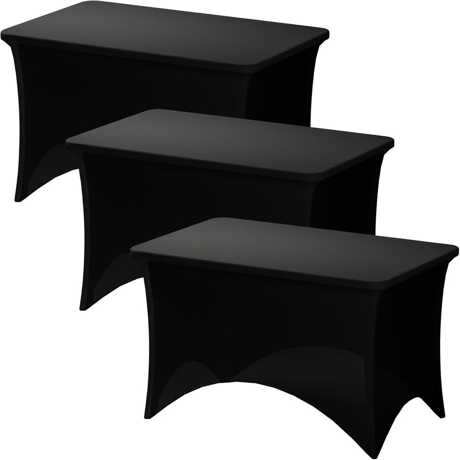3 Pack Black Table Cloths Rectangle 4ft, Stretch Spandex Fitted Table Covers for Parties, Trade Shows, Banquet, Weddings, Buffet, Graduation Decorations