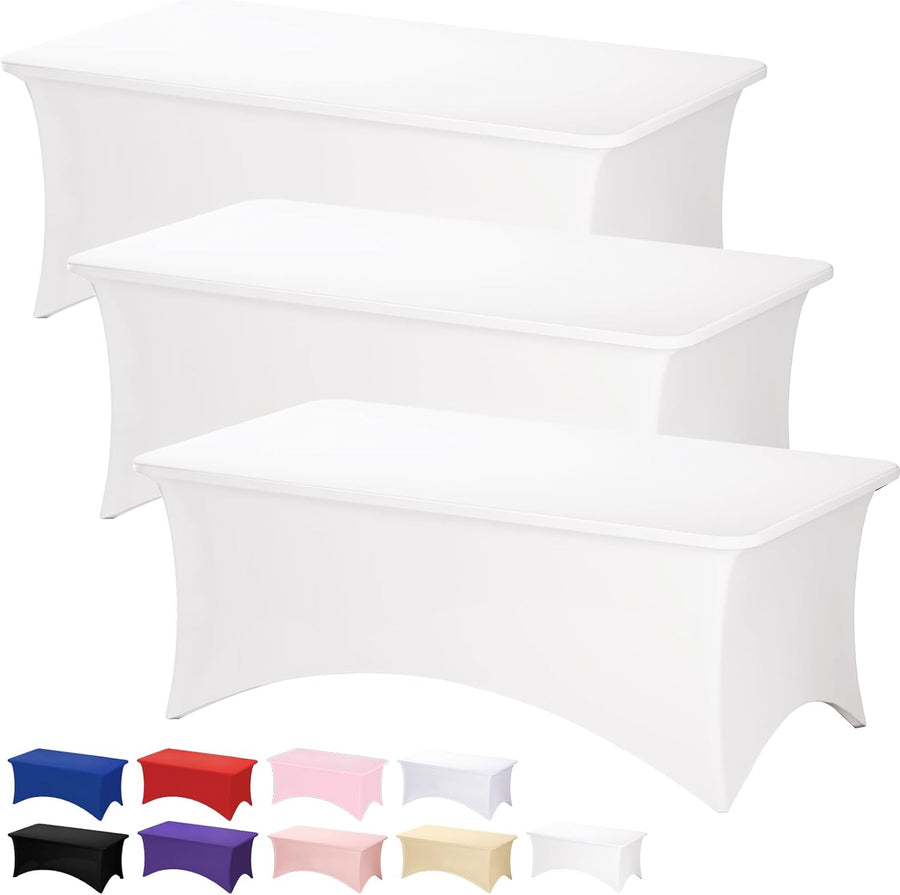 3 Pack Pearl White Tablecloth Rectangle 8Ft, Stretch Spandex Fitted Table Cover for Party, Trade Show, Wedding, Buffet, Graduation, Vendor Stand