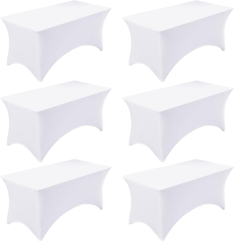 Fixwal 6 Pack 8ft Spandex Table Covers for 8 Foot Tables, Fitted Tablecloths Rectangle Folding Tables, Stretch Rectangular Table Cloths for Wedding, Banquet, Party (White, 96L x 30W x 30H Inch)