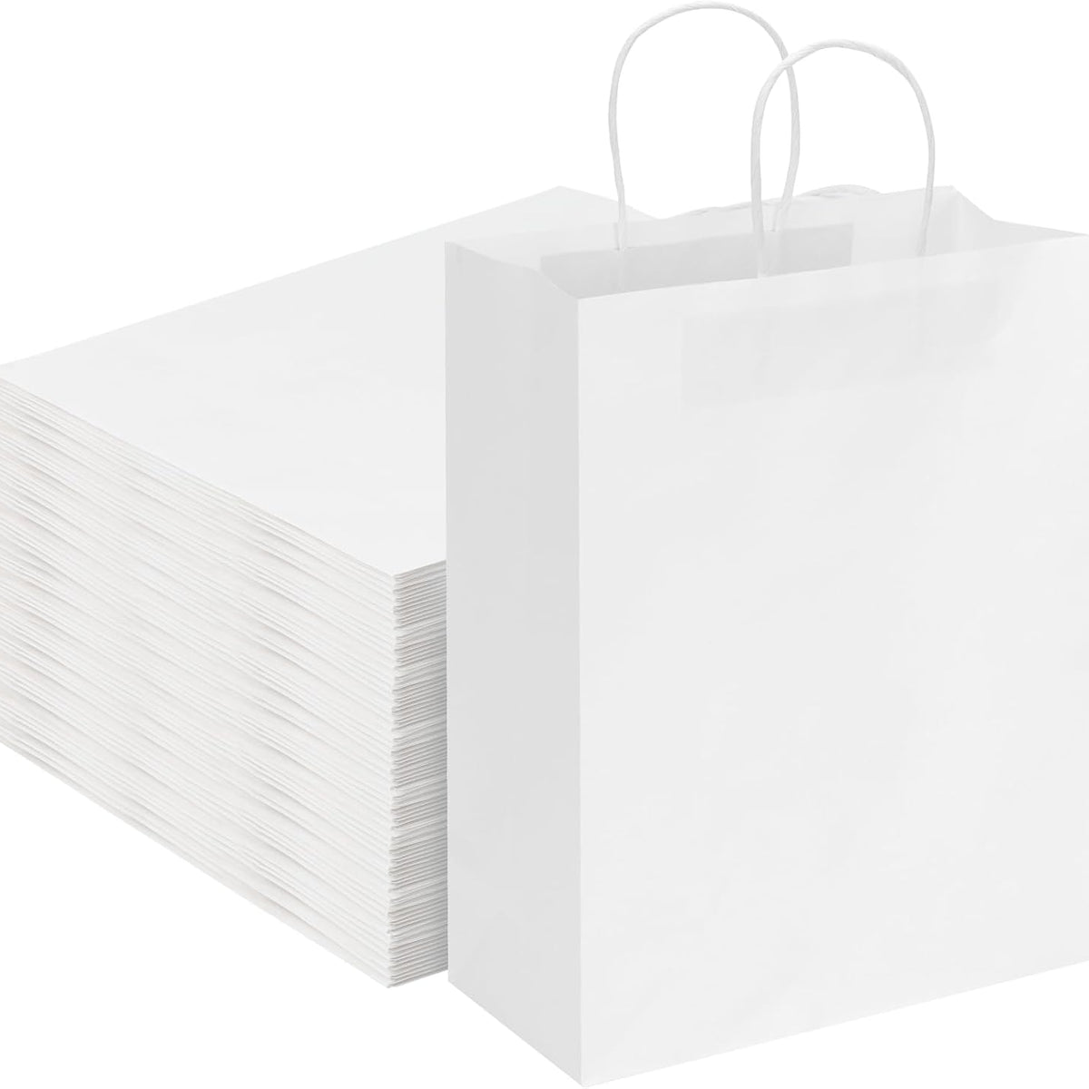 Moretoes Paper Bags with Handles 100pcs 10x5x13 Inches, White Kraft Gift Bags Bulk for Shopping, Retail, Small Business, Birthday Wedding Party Favor, Merchandise