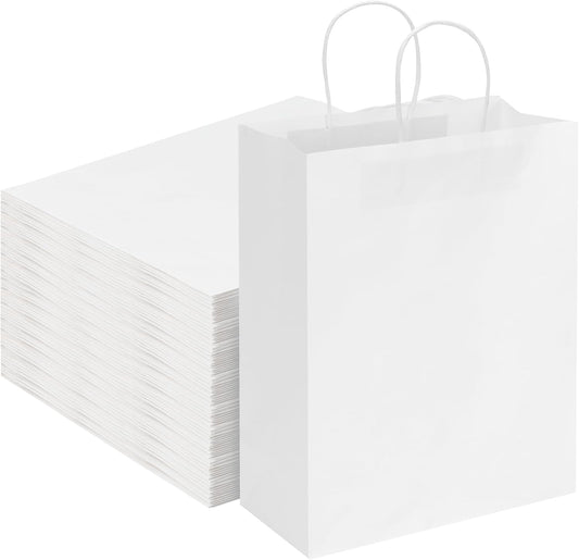 Moretoes Paper Bags with Handles 100pcs 10x5x13 Inches, White Kraft Gift Bags Bulk for Shopping, Retail, Small Business, Birthday Wedding Party Favor, Merchandise