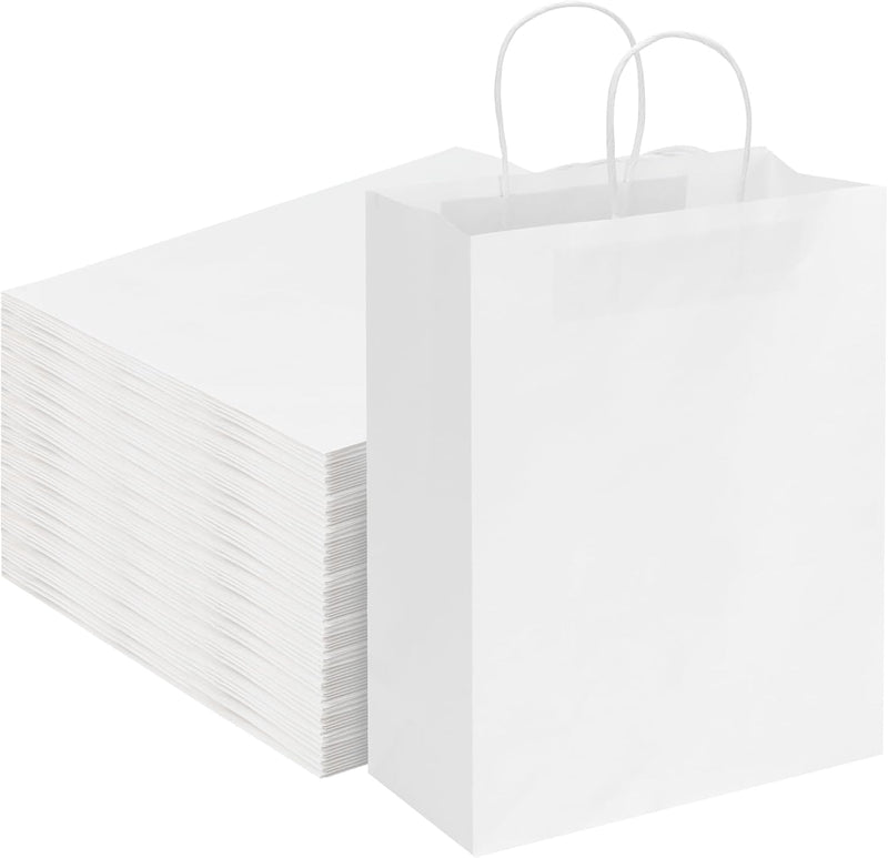 Moretoes Paper Bags with Handles 100pcs 10x5x13 Inches, White Kraft Gift Bags Bulk for Shopping, Retail, Small Business, Birthday Wedding Party Favor, Merchandise