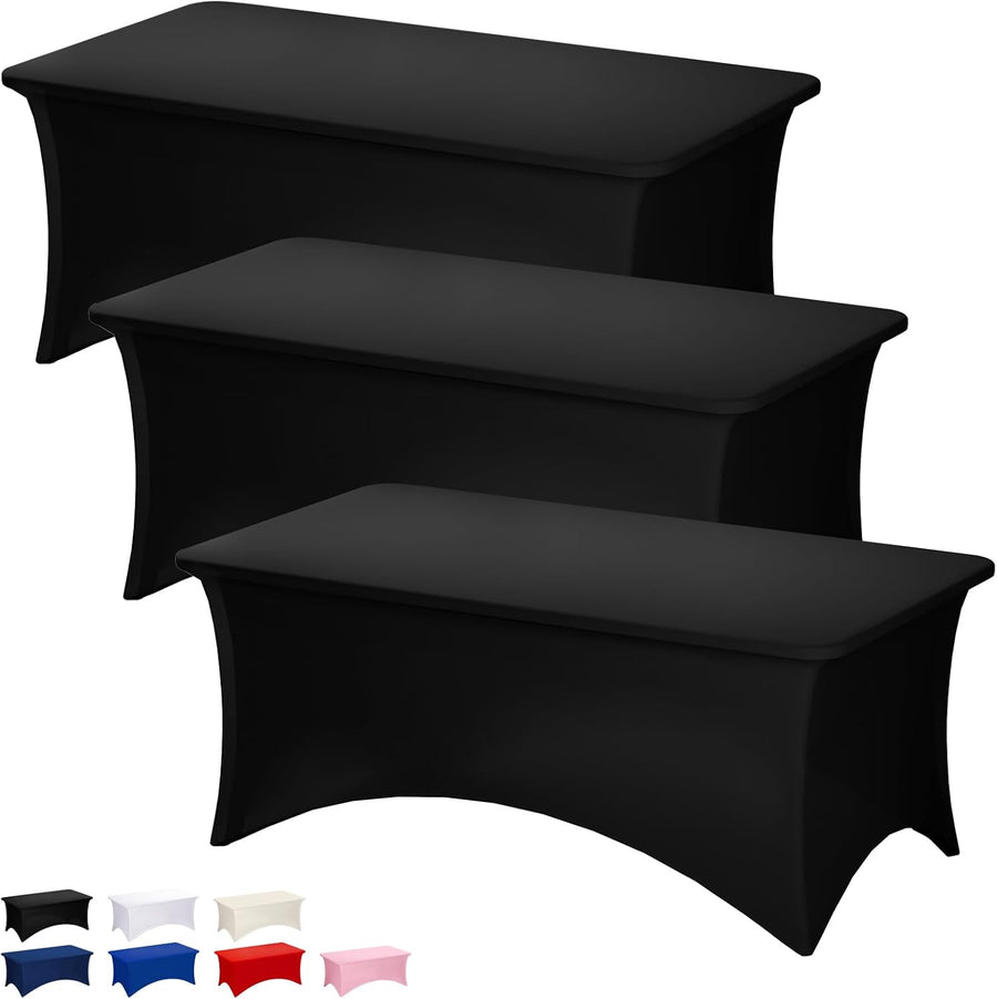 3 Pack Black Tablecloth Rectangle 8Ft, Stretch Spandex Fitted Table Cover for Party, Trade Show, Wedding, Buffet, Graduation, Vendor Stand